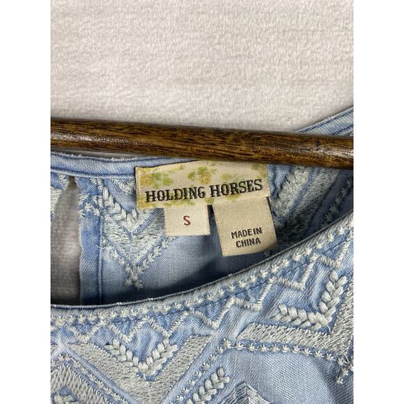 Holding Horses Anthropologie Womens Dress S Blue Denim Embroidered Chambray Boho - Picture 4 of 11